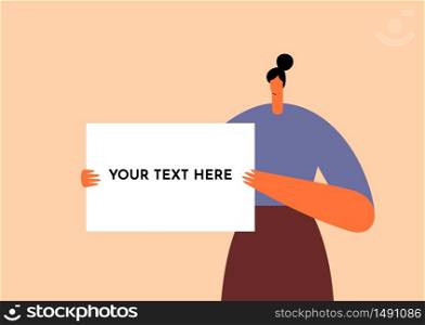 Woman holding, showing white blank board, banner. Female cartoon character displaying poster. Flat vector illustration. Use in web project and applications.