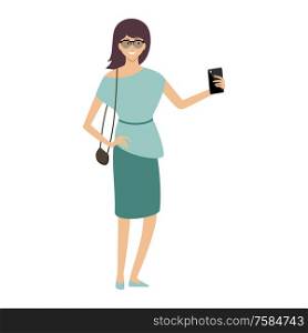 Woman holding smartphone. Taking selfie. Vector illustration