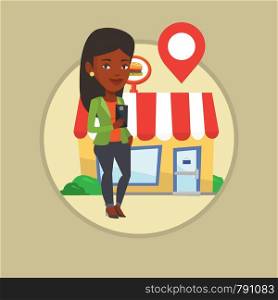 Woman holding smartphone with application for looking for restaurant. Woman using smartphone application for searching of restaurant. Vector flat design illustration in circle isolated on background.. Woman looking for restaurant in her smartphone.