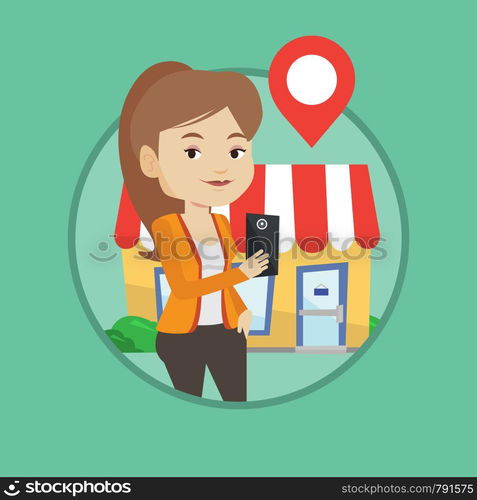 Woman holding smartphone with application for looking for restaurant. Woman using smartphone application for searching of restaurant. Vector flat design illustration in circle isolated on background.. Woman looking for restaurant in her smartphone.