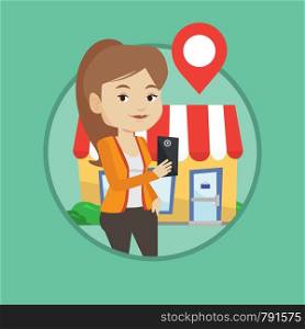 Woman holding smartphone with application for looking for restaurant. Woman using smartphone application for searching of restaurant. Vector flat design illustration in circle isolated on background.. Woman looking for restaurant in her smartphone.
