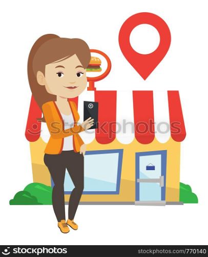 Woman holding smartphone with mobile application for looking for restaurant. Girl using smartphone application for searching of restaurant. Vector flat design illustration isolated on white background. Woman looking for restaurant in her smartphone.