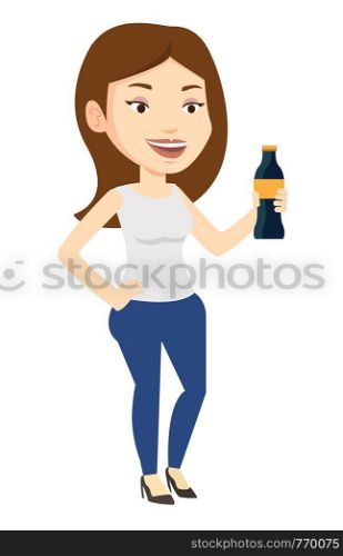 Woman holding soda beverage at glass bottle. Young woman standing with bottle of soda. Cheerful woman drinking brown soda from bottle. Vector flat design illustration isolated on white background.. Young woman drinking soda vector illustration.