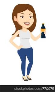 Woman holding soda beverage at glass bottle. Young woman standing with bottle of soda. Cheerful woman drinking brown soda from bottle. Vector flat design illustration isolated on white background.. Young woman drinking soda vector illustration.