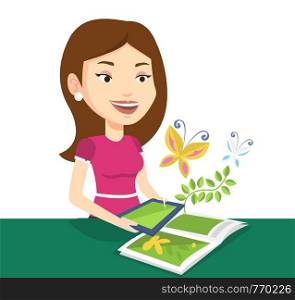 Woman holding tablet computer above the book. Woman looking at butterflies flying out from digital tablet. Concept of agmented reality. Vector flat design illustration isolated on white background.. Augmented reality vector illustration.