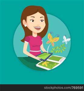 Woman holding tablet computer above the book. Woman looking at butterflies flying out from tablet. Concept of agmented reality. Vector flat design illustration in the circle isolated on background.. Augmented reality vector illustration.