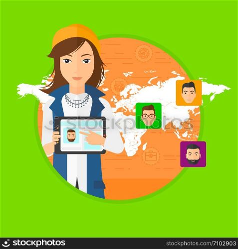 Woman holding tablet computer with social network profile on screen. Woman standing on a background of avatars of social network. Vector flat design illustration in the circle isolated on background.. Woman holding tablet with social network.