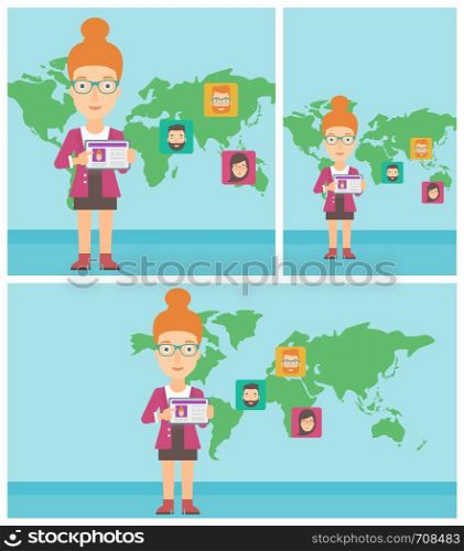 Woman holding tablet computer with social network user profile on a screen on a background of map with avatars of social network. Vector flat design illustration. Square, horizontal, vertical layouts.. Woman holding tablet with social network.