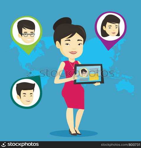 Woman holding tablet computer with social network user profile on a screen. Woman standing on the background of world map with avatars of social network. Vector flat design illustration. Square layout. Woman holding tablet with social network.