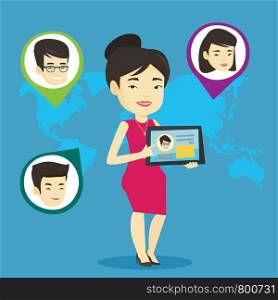 Woman holding tablet computer with social network user profile on a screen. Woman standing on the background of world map with avatars of social network. Vector flat design illustration. Square layout. Woman holding tablet with social network.