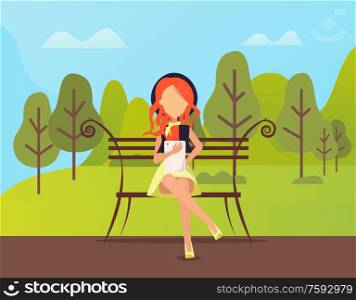 Woman holding tablet vector, person using gadgets while sitting on wooden bench in park. Forest with trees and biodiversity plants and green hills. Stylish Woman Sitting in Park and Using Tablet