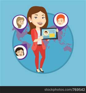 Woman holding tablet with social network user profile. Woman standing on the background of world map with avatars of social network. Vector flat design illustration in circle isolated on background.. Woman holding tablet with social network.