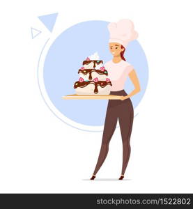 Woman holding tiered cake flat color vector illustration. Female baker in chef hat. Girl with confectionery product. Confections concept. Isolated cartoon character on white background