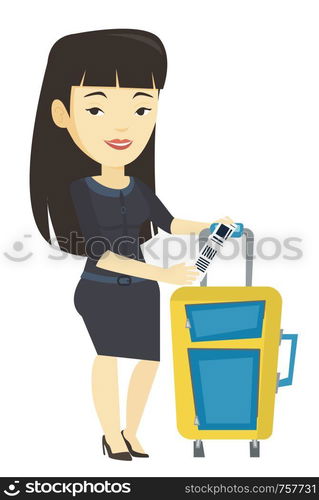 Woman holding travel insurance tag. Business class passenger standing near suitcase with priority luggage tag. Woman showing luggage tag. Vector flat design illustration isolated on white background.. Asian business woman showing luggage tag.