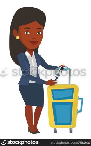 Woman holding travel insurance tag. Business class passenger standing near suitcase with priority luggage tag. Woman showing luggage tag. Vector flat design illustration isolated on white background.. African-american businesswoman showing luggage tag