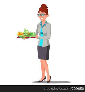 Woman Holding Tray With Pile Of Money On It Vector. Illustration. Woman Holding Tray With Pile Of Money On It Vector. Isolated Illustration