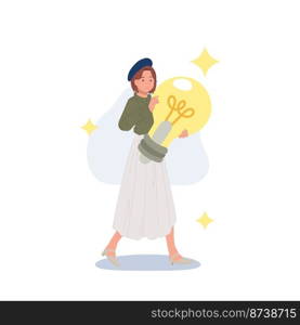 Woman holds a large light bulb in her hand. New creative idea, problem solved, creative thinking, innovation, brain activity, inspiration. flat Vector cartoon illustration