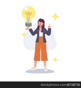 Woman holds a large light bulb in her hand. New creative idea, problem solved, creative thinking, innovation, brain activity, inspiration. flat Vector cartoon illustration