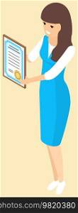 Woman holds diploma, educational document. Piece of paper as symbol of graduation or victory in competition. Academic success at university. Higher education, graduation concept. Lady shows diploma. Woman holds diploma, educational document. Paper as symbol of graduation or victory in competition