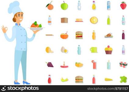 Woman holds plate with ready-made meal. Restaurant service, breakfast or dinner dish vector illustration. Kitchener serving dish from chef, food at cafe. Female character with hot meat on plate. Kitchener serving dish, food at cafe. Female chef holding plate with hot meat, ready-made meal