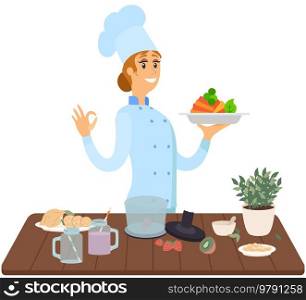 Woman holds plate with ready-made meal. Restaurant service, breakfast or dinner dish vector illustration. Design for restaurant menu. Female kitchener serves dish from chef, healthy food at cafe. Female kitchener serves dish from chef, healthy food at cafe. Woman holds plate with ready-made meal