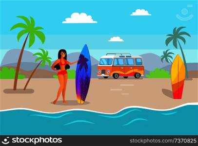 Woman holds surfboard smiling, water and car, palms with mountains in background, seaside under clouds, sea shore isolated on vector illustration.. Woman Holding Surfing Board Vector Illustration