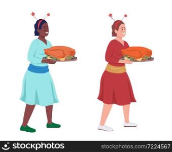 Woman holds turkey platter semi flat color vector character set. Posing figure. Full body person on white. Festive dinner isolated modern cartoon illustration for graphic design and animation pack. Woman holds turkey platter semi flat color vector character set
