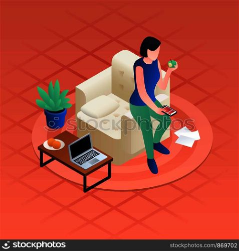 Woman home distant work concept background. Isometric illustration of woman home distant work vector concept background for web design. Woman home distant work concept background, isometric style