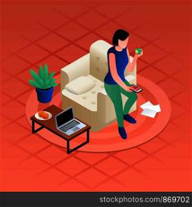 Woman home distant work concept background. Isometric illustration of woman home distant work vector concept background for web design. Woman home distant work concept background, isometric style