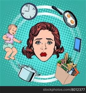 Woman housework sadness pop art retro style. International womens day. Wife and housewife. Woman housework sadness