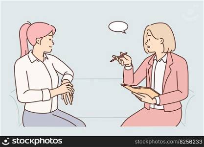 Woman HR manager asks questions to candidate who wants to become member of team of professionals. HR manager conducts interviews selecting highly qualified employees to make them job offer . Woman HR manager asks questions to candidate who wants to become member of team of professionals