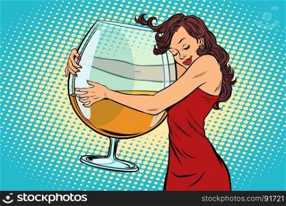 woman hugging a glass of wine. the love for alcohol. Comic book cartoon pop art retro vector illustration drawing. woman hugging a glass of wine