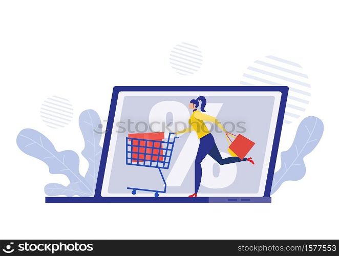 woman hurrying discount Black Friday Online with cart flat illustrator.