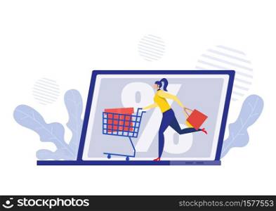 woman hurrying discount Black Friday Online with cart flat illustrator.