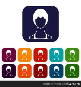 Woman icons set vector illustration in flat style In colors red, blue, green and other. Woman icons set