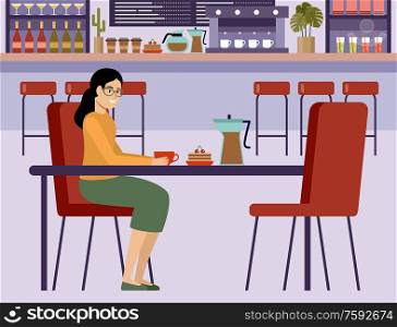 Woman in a cafe is drinking coffee. Cafeteria. Bar. Interior. Vector flat illustration.
