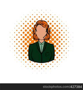Woman in a green blazer with headset comics icon on a white background. Woman in a green blazer with headset comics icon