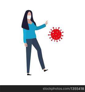 Woman in a protective mask resists the virus. Fashion trendy illustration, flat design. Pandemic and epidemic of coronavirus in the world.. Woman in a protective mask resists the virus. Fashion trendy illustration, flat design. Pandemic and epidemic of coronavirus in the world