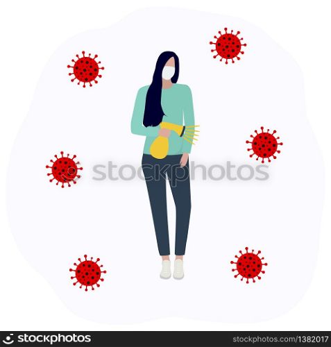 Woman in a protective mask sprays an antiseptic and disinfects the virus Fashion trendy illustration, flat design. Pandemic and epidemic of coronavirus in the world.. Woman in a protective mask sprays an antiseptic and disinfects the virus Fashion trendy illustration, flat design. Pandemic and epidemic of coronavirus in the world