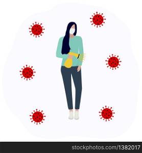 Woman in a protective mask sprays an antiseptic and disinfects the virus Fashion trendy illustration, flat design. Pandemic and epidemic of coronavirus in the world.. Woman in a protective mask sprays an antiseptic and disinfects the virus Fashion trendy illustration, flat design. Pandemic and epidemic of coronavirus in the world