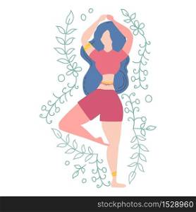 Woman in a tree pose Vrikshasana decorated with leaves and flowers. Yoga, concept of meditation, health benefits for the body, control of the mind and emotions. Woman in a tree pose Vrikshasana . Yoga, concept of meditation, health benefits for the body, control of the mind and emotions.