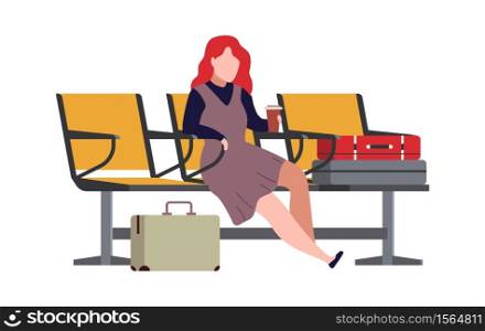 Woman in airport arrival waiting room or departure lounge. Modern female character sits on chair and waits plane with luggage, passenger with suitcases and bags, vector flat cartoon illustration. Woman in airport arrival waiting room or departure lounge. Female character sits on chair and waits plane with luggage, passenger with suitcases vector flat cartoon illustration