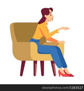 Woman in armchair semi flat RGB color vector illustration. Girl talking and gesticulating. Person taking part in conversation. Interlocutor. Isolated cartoon character on white background