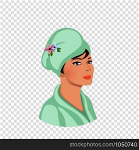 Woman in Bath Robe Wrap in Towel Turban on Head Portrait Isolated on Transparent Background. Spa Cosmetics Procedure in Salon or Bathroom, Take Shower Routine Hygiene Cartoon Flat Vector Illustration. Woman in Bath Robe Wrap in Towel Turban on Head