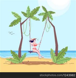 Woman in bathing suit on swing flat doodle illustration. Girl on beach. Girl having fun on sea shore. Exotic country. Seaside. Indonesia tourism 2D cartoon character with outline for commercial use