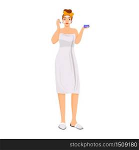 Woman in bathrobe applying face balm flat color vector faceless character. Girl using moisturizing cream isolated cartoon illustration for web graphic design and animation. Skincare procedure