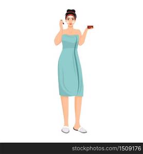 Woman in bathrobe applying face cream flat color vector faceless character. Girl using under eyes balm isolated cartoon illustration for web graphic design and animation. Skincare procedure