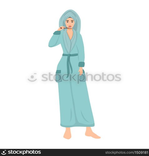 Woman in bathrobe brushing teeth after shower flat color vector faceless character. Girls morning hygiene routine isolated cartoon illustration for web graphic design and animation