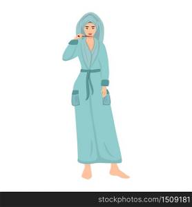 Woman in bathrobe brushing teeth after shower flat color vector faceless character. Girls morning hygiene routine isolated cartoon illustration for web graphic design and animation