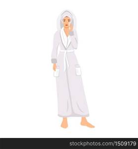 Woman in bathrobe removing make up flat color vector faceless character. Girl cleansing skin with cotton pad isolated cartoon illustration for web graphic design and animation. Female skincare routine
